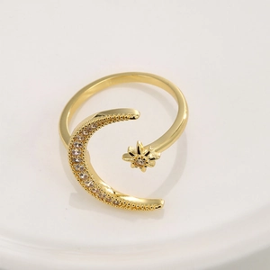 Adjustable gold star and moon open ring with sparkling white zircon pave for women