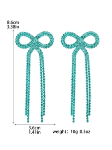 Detailed dimensions of turquoise bow tassel earrings with sparkling rhinestone fringe