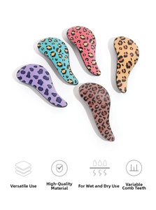 Detail of ergonomic leopard print detangling hairbrushes in five vibrant colors