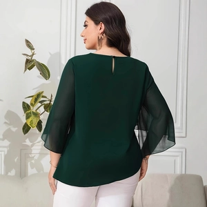 Deep green chiffon blouse featuring unique back slit design and elegant petal sleeves