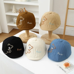 Kids bear embroidery cotton beret hats in coffee, khaki, black, cream and blue colors