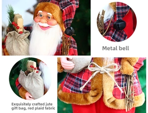 Detail of Santa figure showing metal bells, burlap gift bag, and red plaid fabric texture