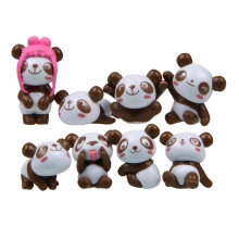 Detailed view of eight miniature panda figurines in various playful poses for landscaping