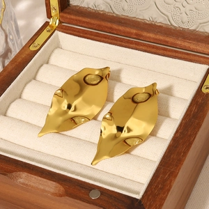 Minimalist 18k gold plated leaf stud earrings with a glossy abstract wrinkled design