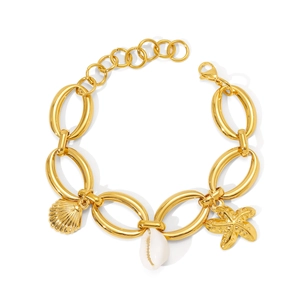 Gold geometric link bracelet with starfish, scallop shells and a natural conch charm