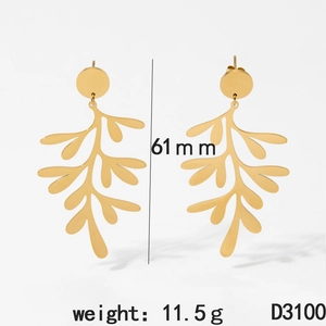 316 stainless steel gold leaf drop earrings, 61mm hollow design with 11.5g weight