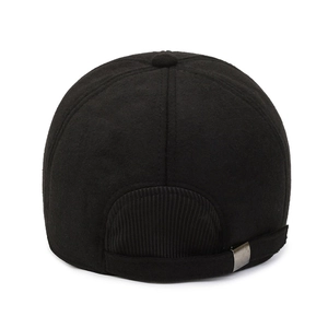 Black wool baseball cap for men with adjustable metal buckle back closure and ribbed detail