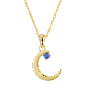 Elegant gold crescent moon necklace with a round blue sapphire pendant on a fine link chain
