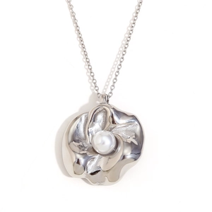 Silver stainless steel flower necklace with white pearl center on a clean white background