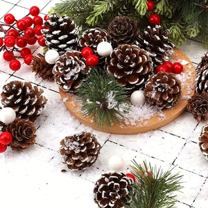 Natural pine cones with red berries and snow decor set on minimalist grid background