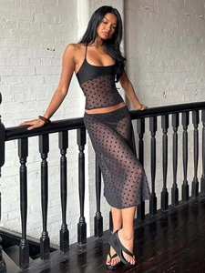 Halter Crop Top Et Jupe MIDI Mesh Transparent Motif À Pois Sexy Summer Clubwear Pour Femmes