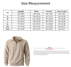 Detailed size guide table with CM and INCH measurements for men's jacquard knit sweatshirt