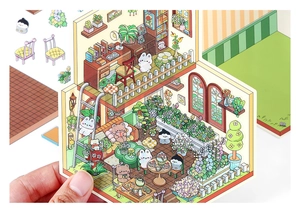 Close-up of cute house theme PET stickers featuring garden scenes and forest animals