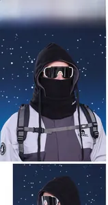 Close-up of black fleece winter balaclava with adjustable drawstring for outdoor warmth