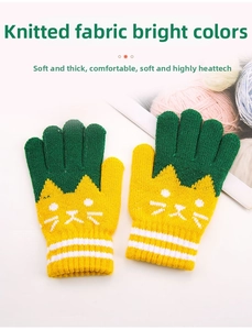 Detail view of children's fleece-lined knitted gloves featuring cute cartoon cat patterns