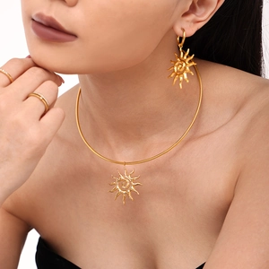 18k gold plated stainless steel sun pendant necklace and earrings set on a model