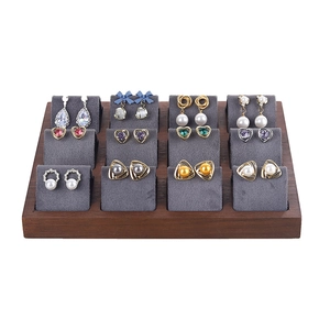 Walnut wood earring display tray with 12 slots and grey velvet lining for jewelry storage