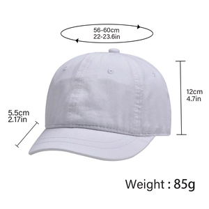 White cotton short brim baseball cap with detailed sizing and 56-60cm circumference
