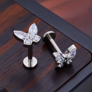 G23 titanium labret studs with butterfly design and clear zircon inlay for piercings