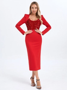 Elegant red long sleeve dress featuring a sequin bodice patchwork and slim fit silhouette