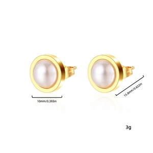 Detail showing dimensions of 10mm gold pearl stud earrings with 15.8mm total length