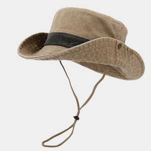 Washed Cotton Wide Brim Bucket Hat Vintage Outdoor Sun Hat With Adjustable Chin Strap For Fishing Hiking Camping Travel