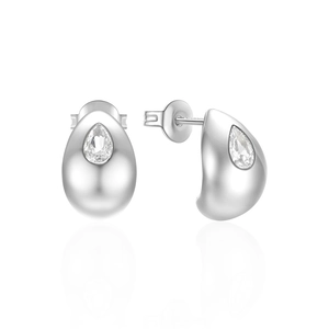 Detailed view of teardrop silver stud earrings with pear-cut cubic zirconia and mirror finish