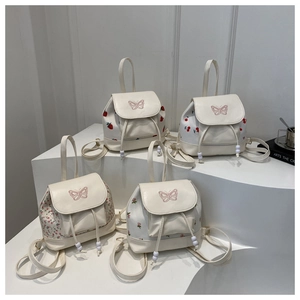 Mini floral drawstring bucket backpacks with strawberry and butterfly embroidery