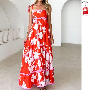 Women Summer Floral Maxi Dress Sleeveless Tie Straps Scalloped Trim Polyester Vacation Beach Style Red White Art Print