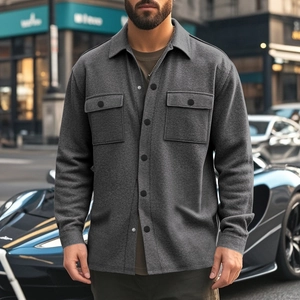 Detail of grey fleece-lined shirt jacket featuring front pockets and premium wool texture