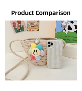 Detail of beige woven crossbody bag with colorful pom-poms and smiley flower charm