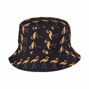 Unisex black bucket hat featuring yellow flamingo prints in a flat lay front view