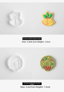 Detailed Christmas bell and wreath cookie mold set with dimensions and press mechanism