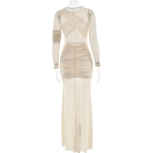 Detail view of beige sheer mesh dress featuring back cutout and elegant ruched texture