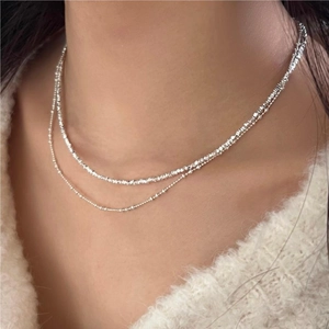 Minimalist double-layered 925 sterling silver necklace with thin bead and faceted chains