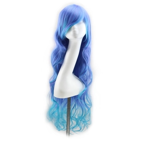 Detailed view of 80cm long wavy cosplay wig with vibrant blue and purple gradient tones