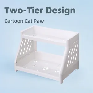 Tiered Storage Rack Plastic Hollow Cat Paw Desktop Shelf For Cosmetics Makeup Stationery Kitchen Organization White