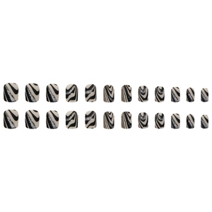 24pcs short square press-on nails with black fluid ripples and silver glitter accents