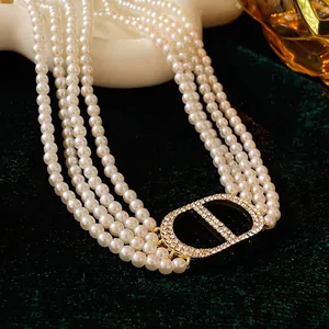 Multi Layer Faux Artificial Pearl Necklace With Rhinestone Letter Pendant Alloy Retro Luxury Jewelry For Women
