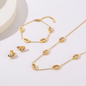 Necklace Bracelet Earrings Jewelry For Women 18K Gold Plated Stainless Steel Marquise Cubic Zirconia Water Drop Trendy INS Style
