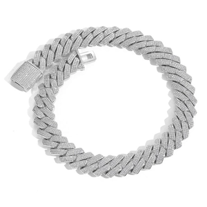 Detail of silver Cuban link chain with micro-paved sparkling cubic zirconia stones