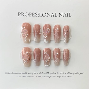 Handmade gradient press-on nails with 3D camellia flower and pearls decoration