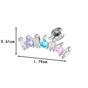 Curved ear cartilage stud with colorful heart zircon stones and 1.79cm width dimensions