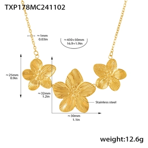 Detail of gold floral necklace dimensions and stainless steel material specifications