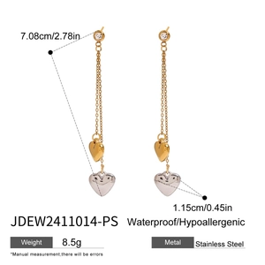 Detail showing two-tone stainless steel heart tassel earrings with dimensions and features