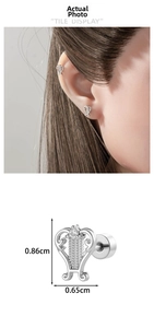 Detail view of harp-shaped piercing earring with rhinestone and screw back dimensions