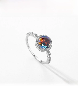 Detailed macro view of S925 sterling silver ring with rainbow zircon and halo setting