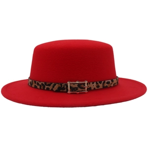 Red wool fedora hat with a trendy leopard print band and a gold square metal buckle