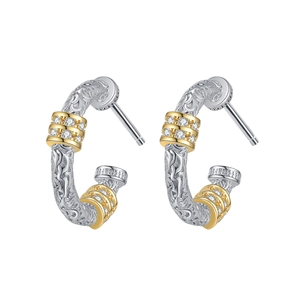S925 sterling silver C-shaped hoop earrings with gold accents and sparkling cubic zirconia