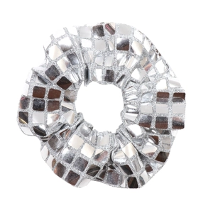 Silver square sequin mirror mosaic scrunchie for hair styling on white background